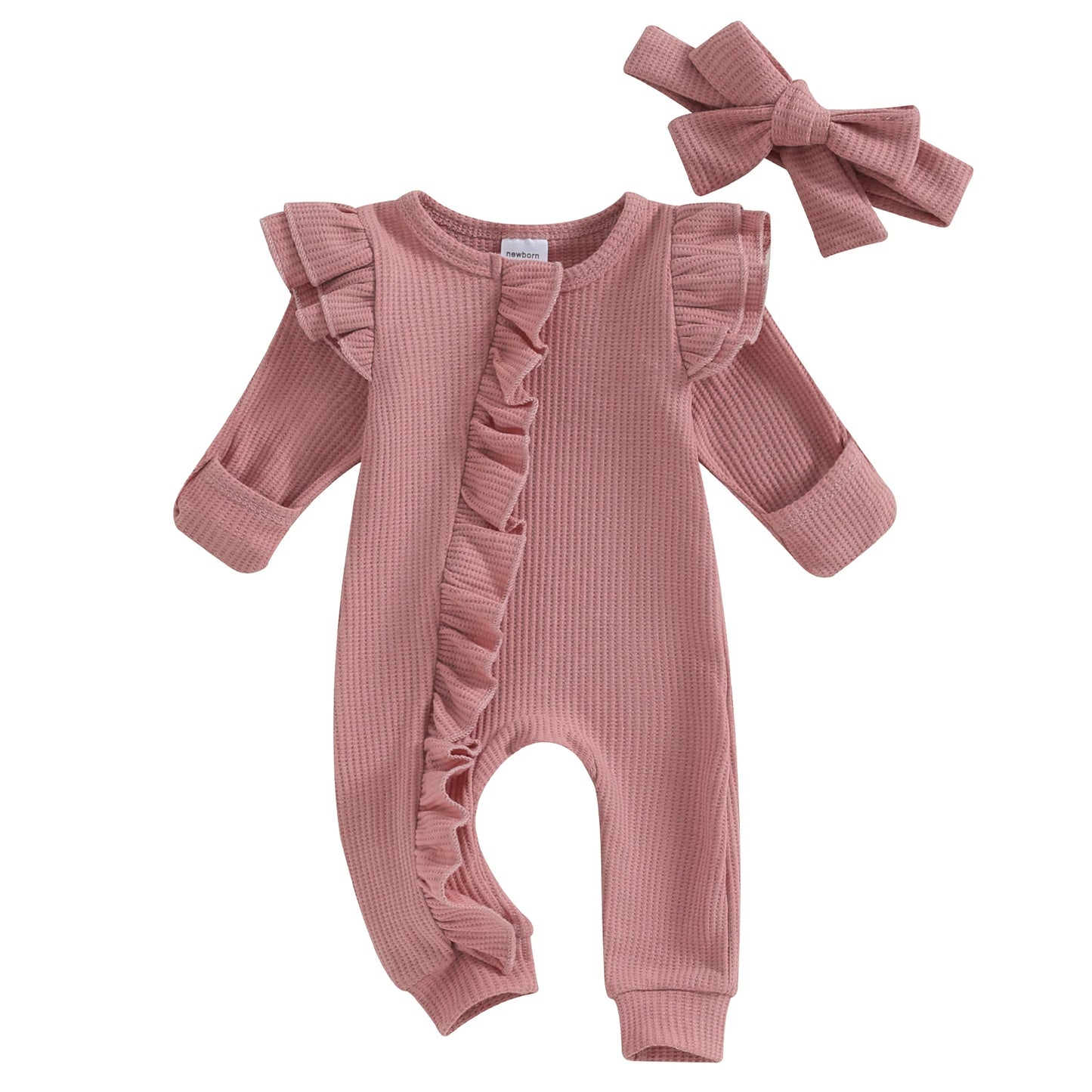 Baby Overall & Kopfband mit Rüschen im Rippstrick-Design für Mädchen