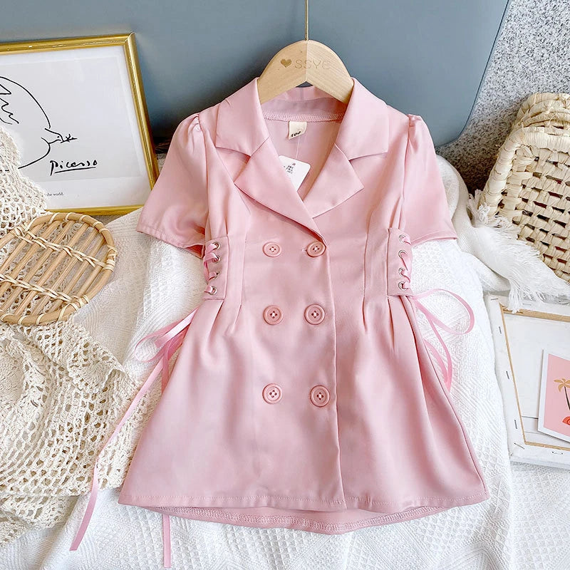 Kleid für Mädchen mit Details einfarbig | Rosa & Weiß