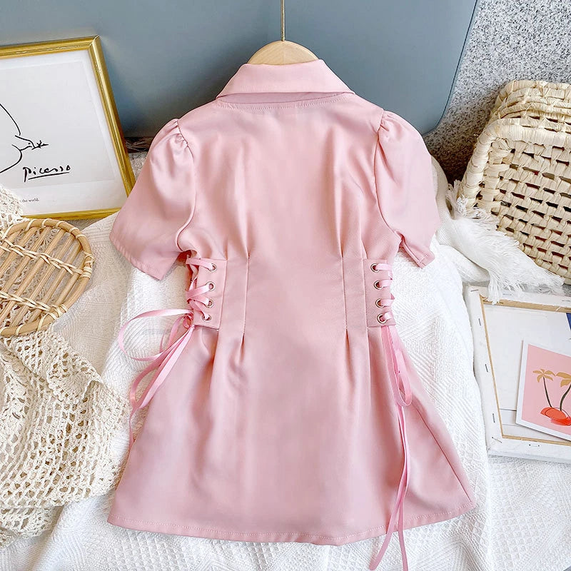 Kleid für Mädchen mit Details einfarbig | Rosa & Weiß