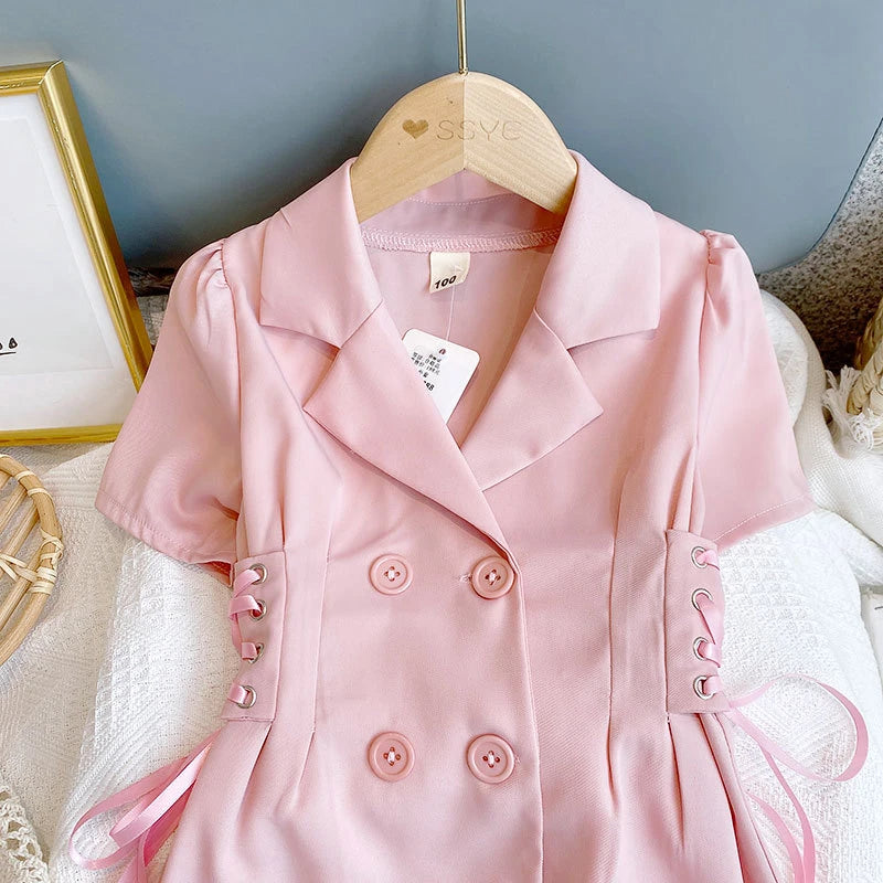 Kleid für Mädchen mit Details einfarbig | Rosa & Weiß