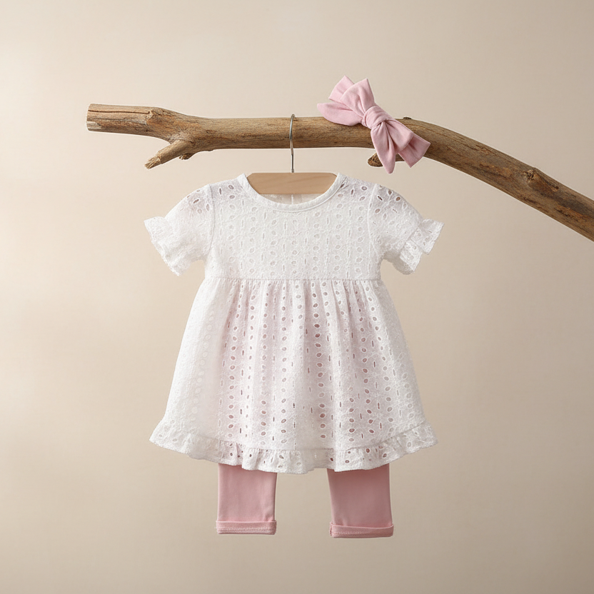 Baby Mädchen Set mit Lochstickerei & Schleifenhose
