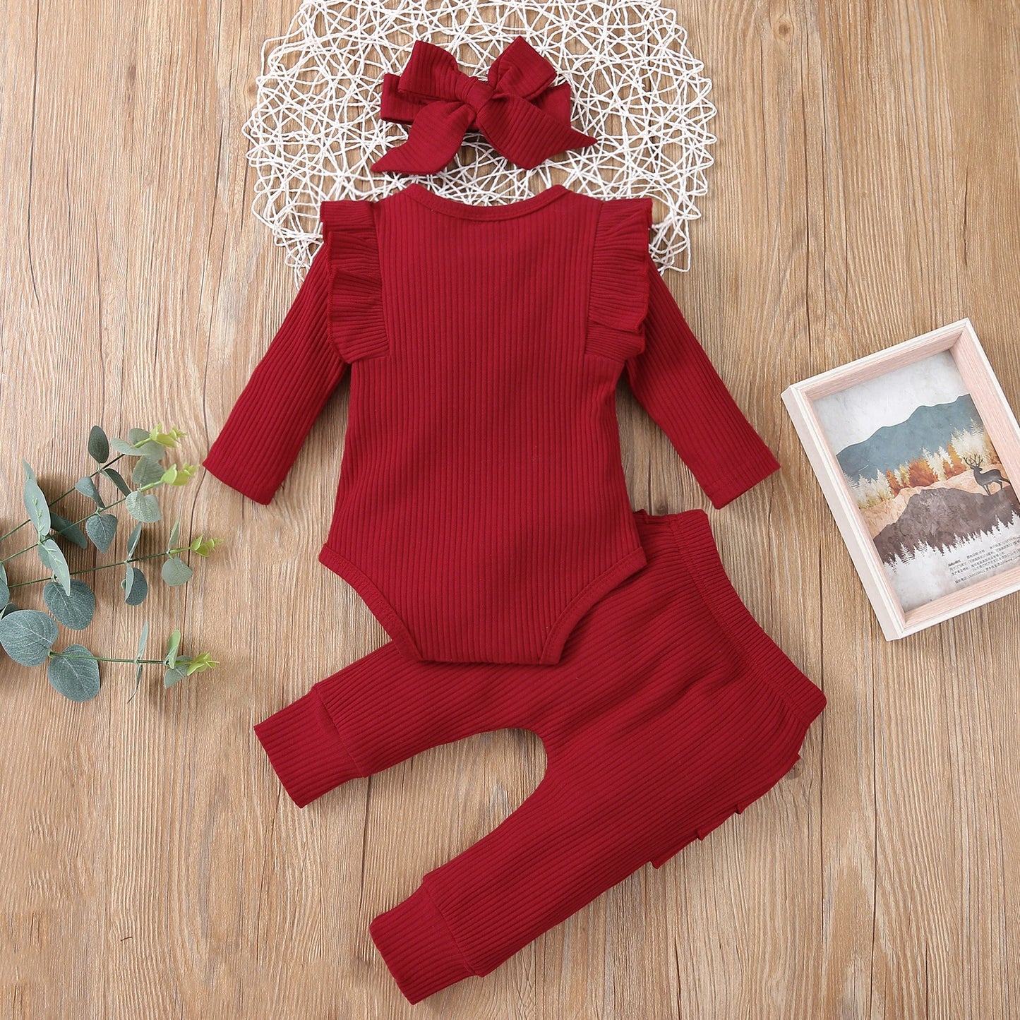 Baby Set 3-teilig | Einfarbig im Strick-Design mit Rüschen