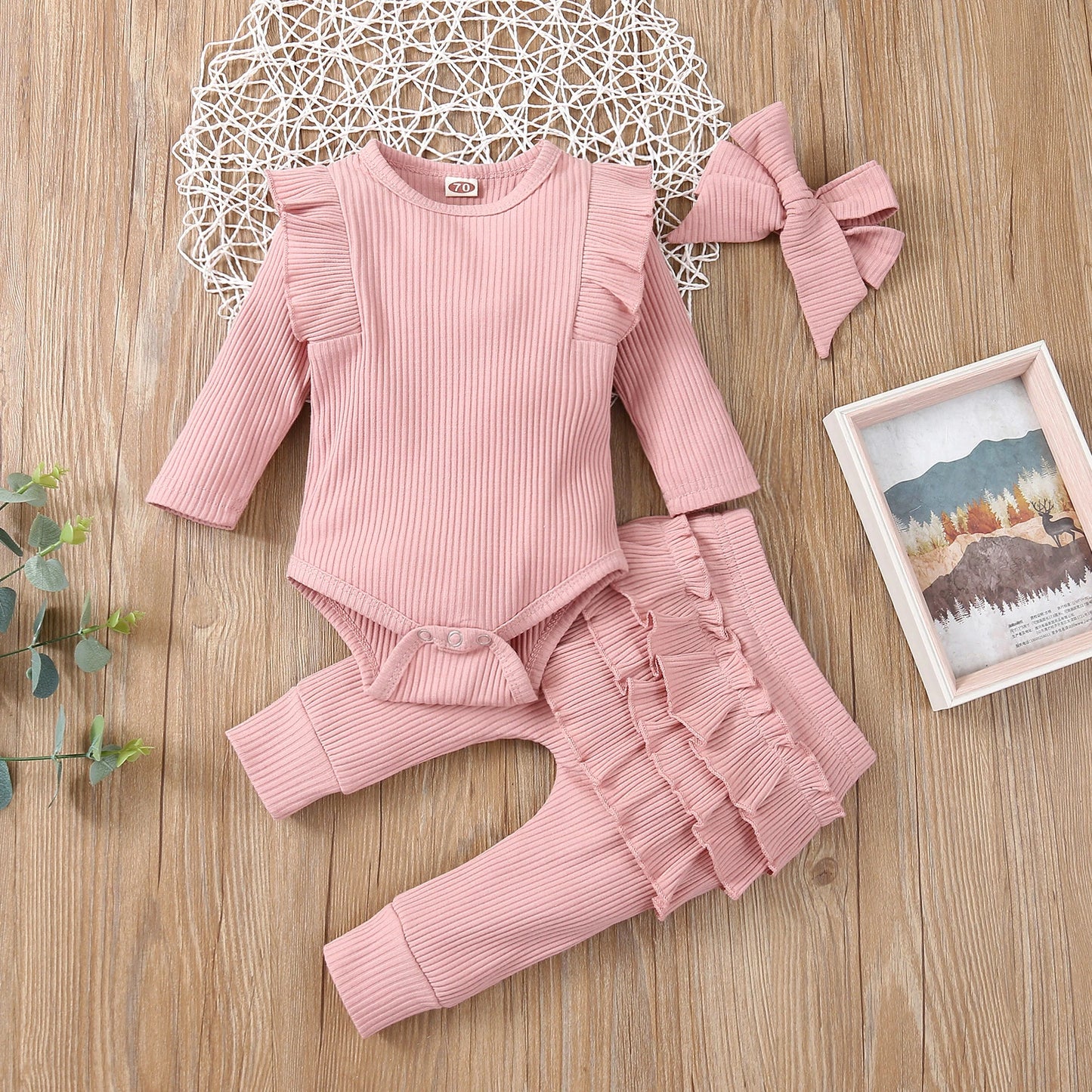 Baby Set 3-teilig | Einfarbig im Strick-Design mit Rüschen