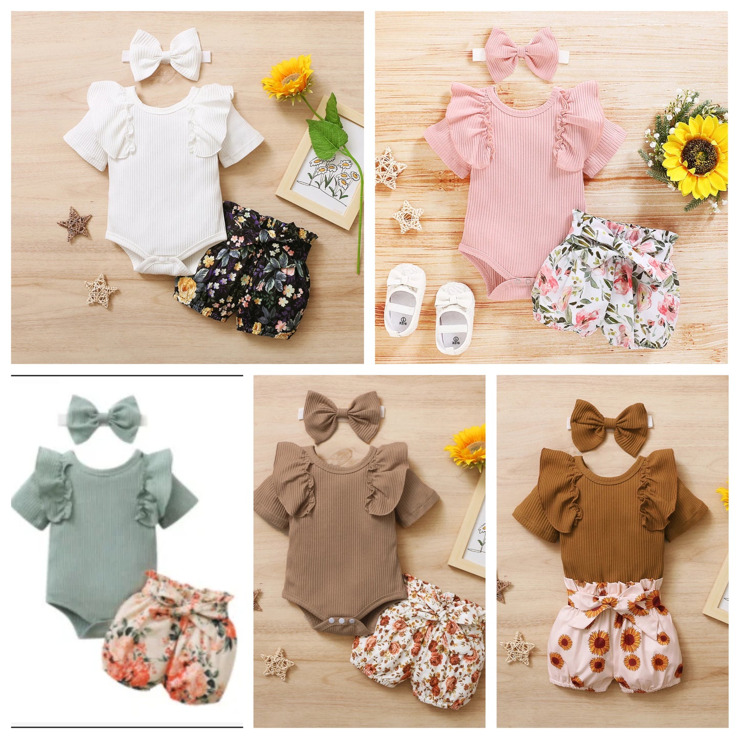 3-teiliges Outfit mit Rüschenbody, Blumenshorts & Haarband