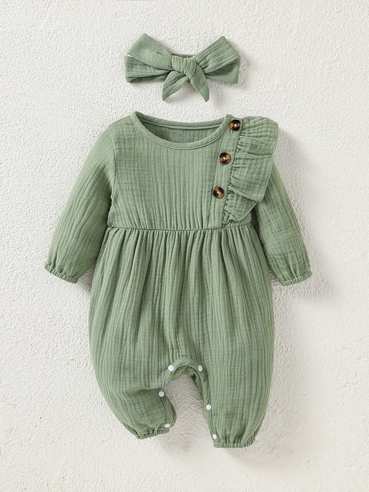 Baby Musselin Strampler mit Rüschen & Haarband – 2-teilig