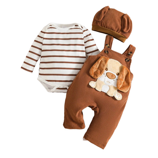 Baby Outfit 2-teilig – Streifen Body & Latzhose mit Tiermotiv inkl. Mütze