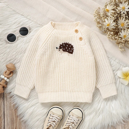 Baby Strickpullover mit Igel Motiv – Unisex Baumwollpullover mit Knöpfen