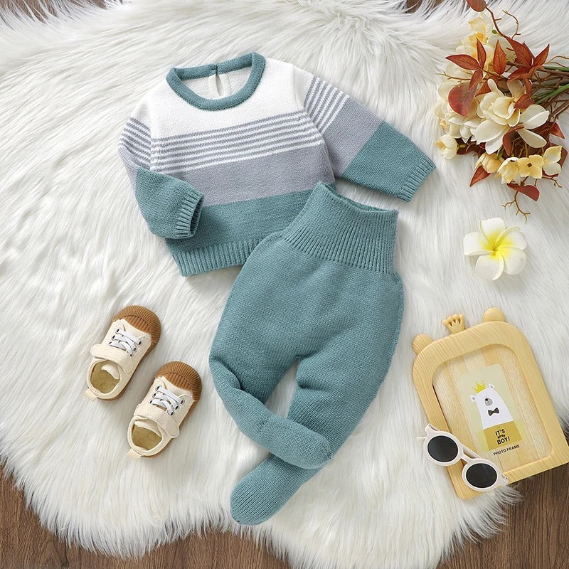 Baby Strickset 2-teilig – Pullover & Strumpfhose in Grün und Grau