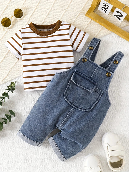 2-teiliges Baby Set mit Jeans-Latzhose & gestreiftem Shirt