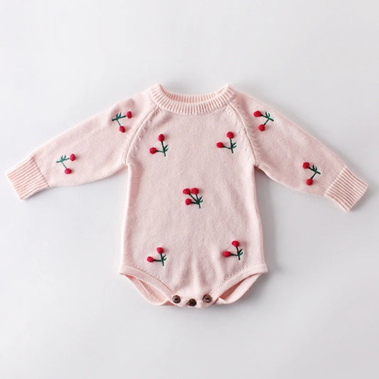 Baby Strickbody mit Kirschstickerei – Langarm Body für Mädchen