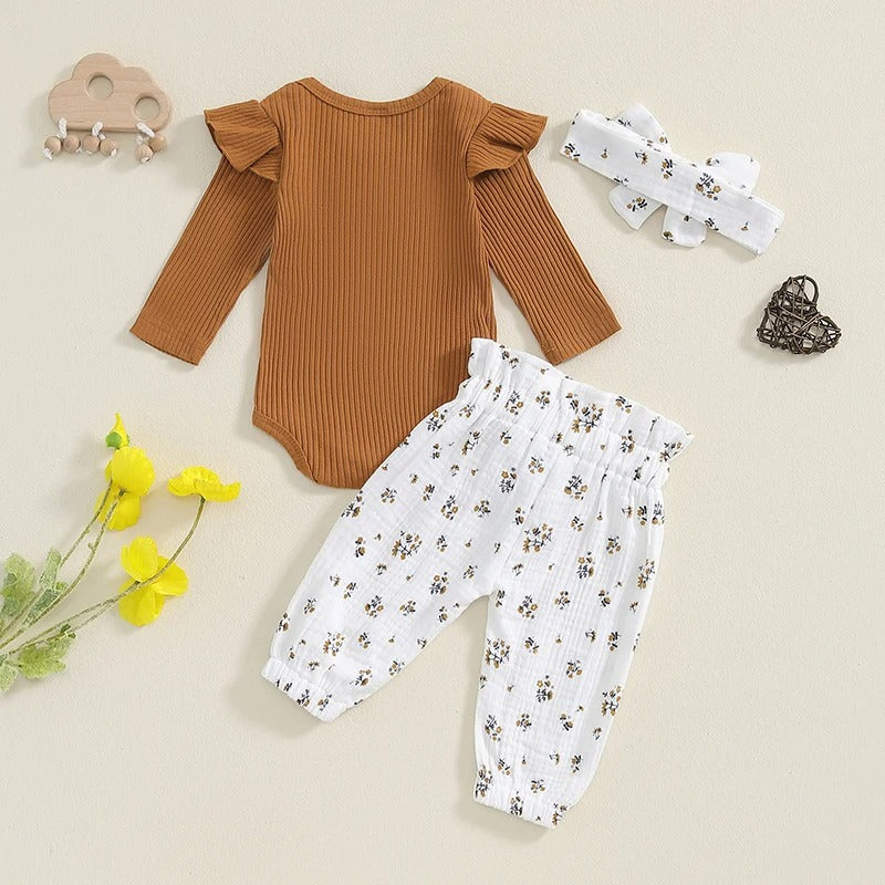 Baby Mädchen Set 3-teilig mit Rippbody, Musselin-Hose & Stirnband
