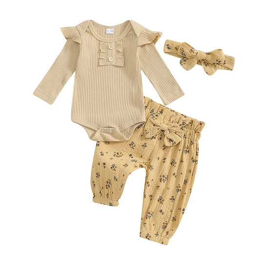 Baby Mädchen Set 3-teilig mit Rippbody, Musselin-Hose & Stirnband
