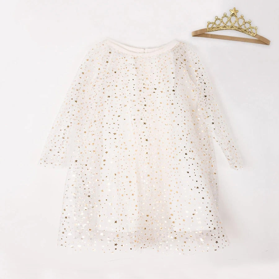 Glitzerndes Sternen-Langarm-Tüllkleid für Mädchen