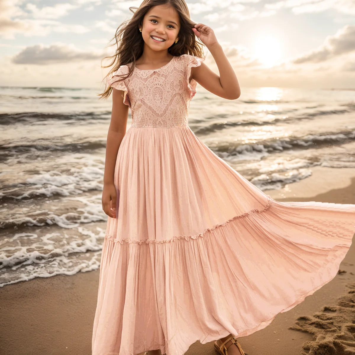 Langes Sommerkleid für Mädchen in zarten Farben
