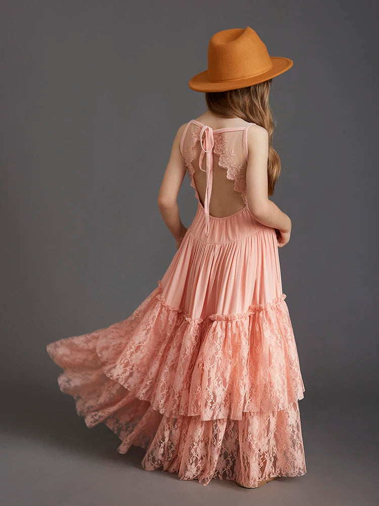 Langes Sommerkleid für Mädchen mit Spitze