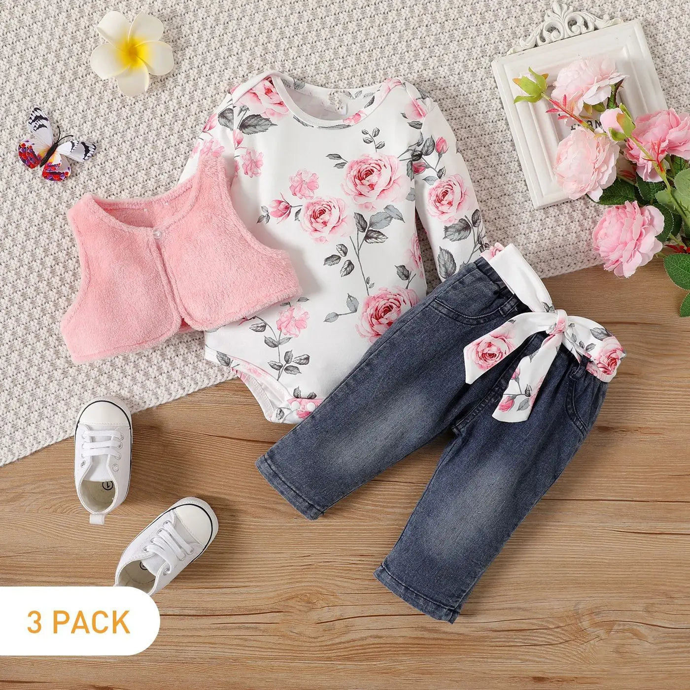 "Blütenzauber" – 3-teiliges Set für Mädchen | Body, Weste und Jeanshose