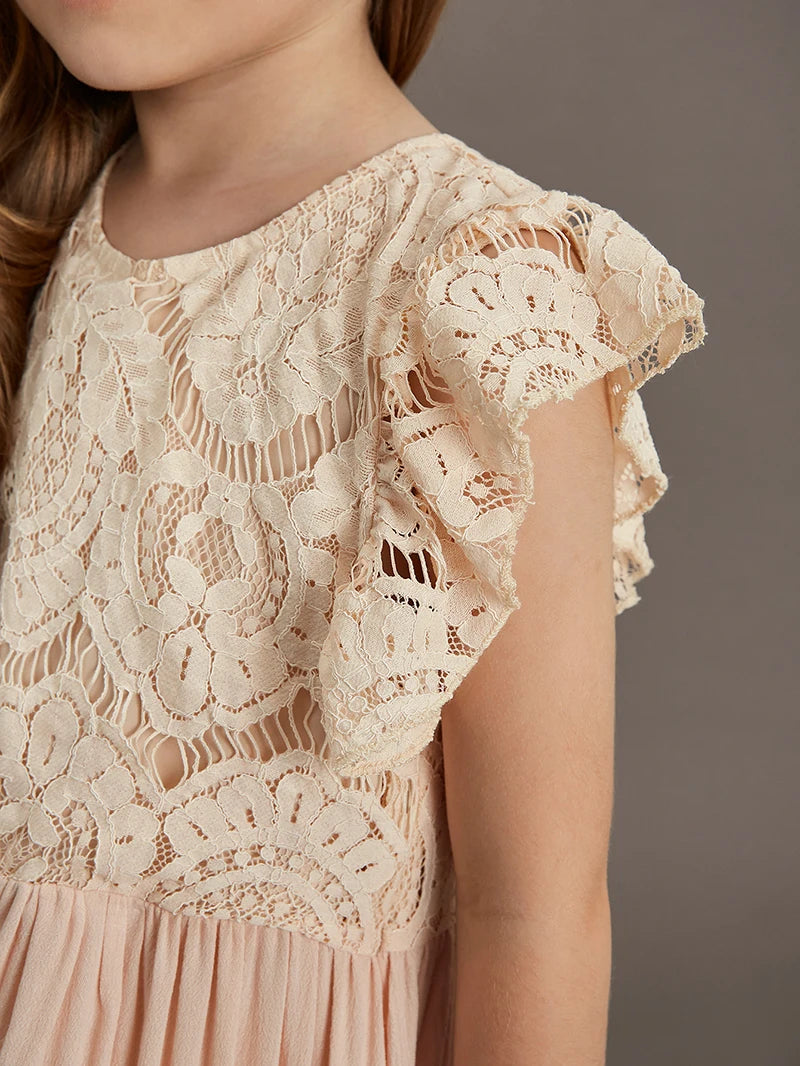 Langes Sommerkleid für Mädchen mit Spitze & Volants