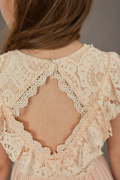 Langes Sommerkleid für Mädchen mit Spitze & Volants