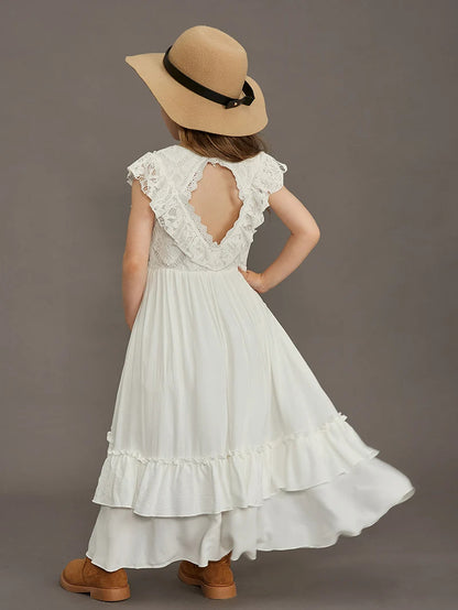 Langes Sommerkleid für Mädchen mit Spitze & Volants