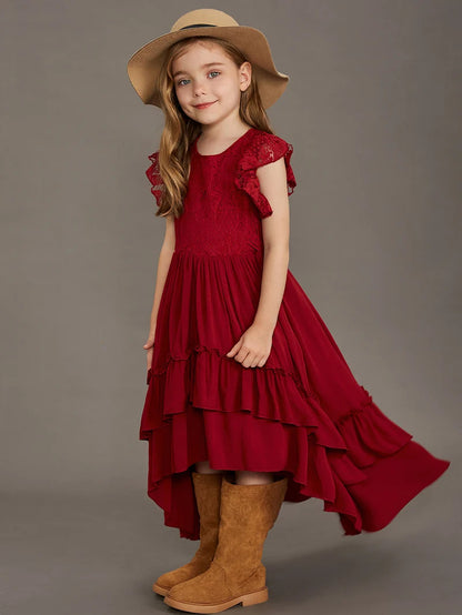 Langes Sommerkleid für Mädchen mit Spitze & Volants