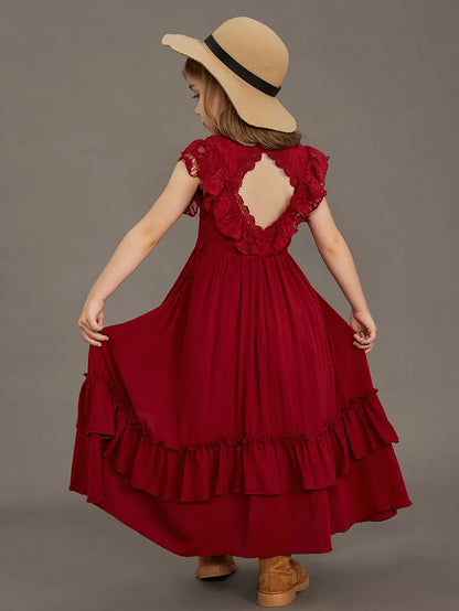 Langes Sommerkleid für Mädchen mit Spitze & Volants