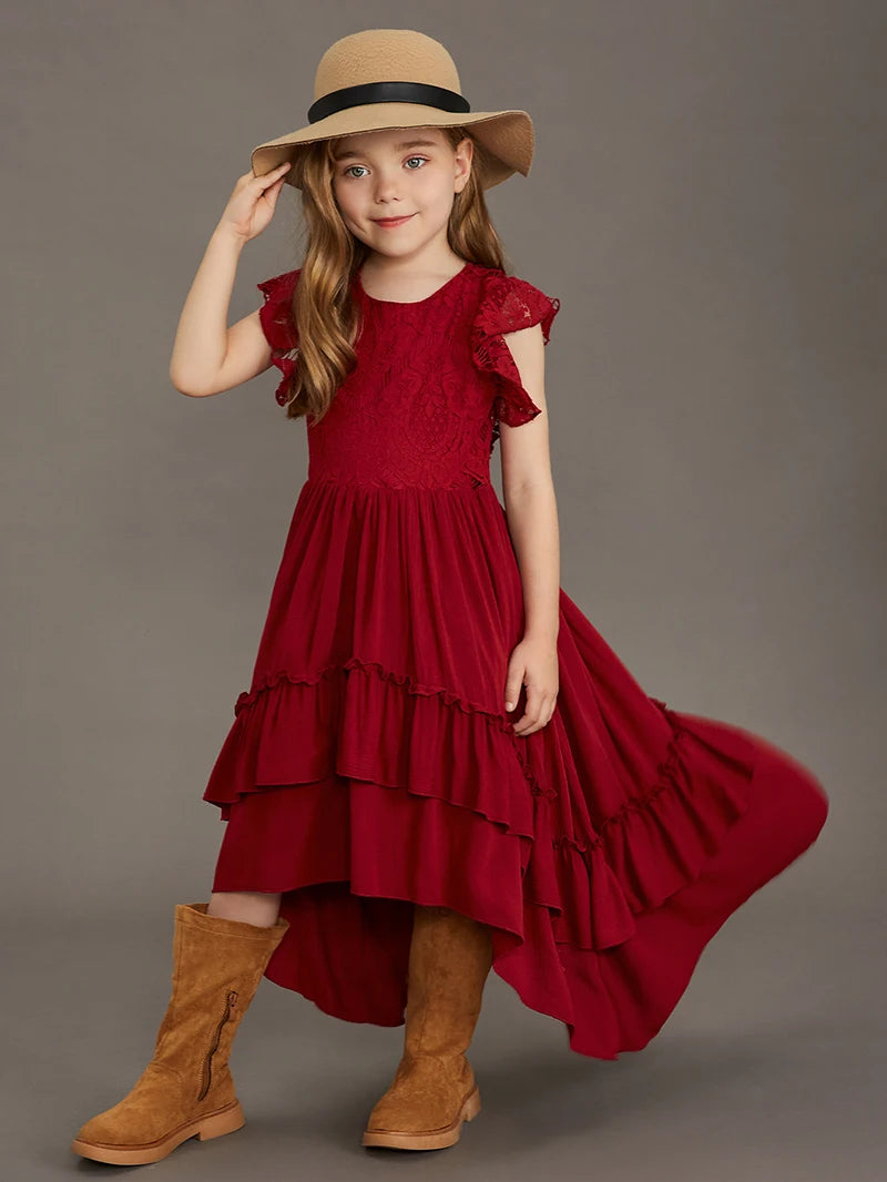 Langes Sommerkleid für Mädchen mit Spitze & Volants