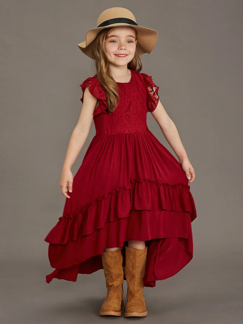 Langes Sommerkleid für Mädchen mit Spitze & Volants