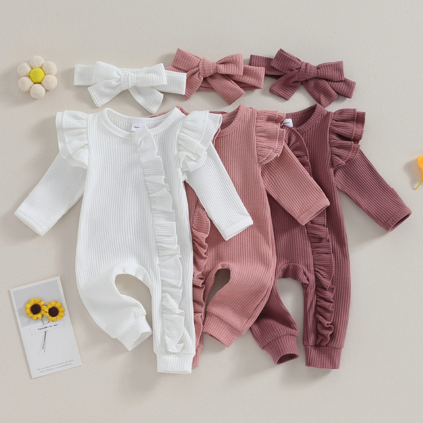 Baby Overall & Kopfband mit Rüschen im Rippstrick-Design für Mädchen