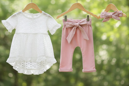 Baby Mädchen Set mit Lochstickerei & Schleifenhose