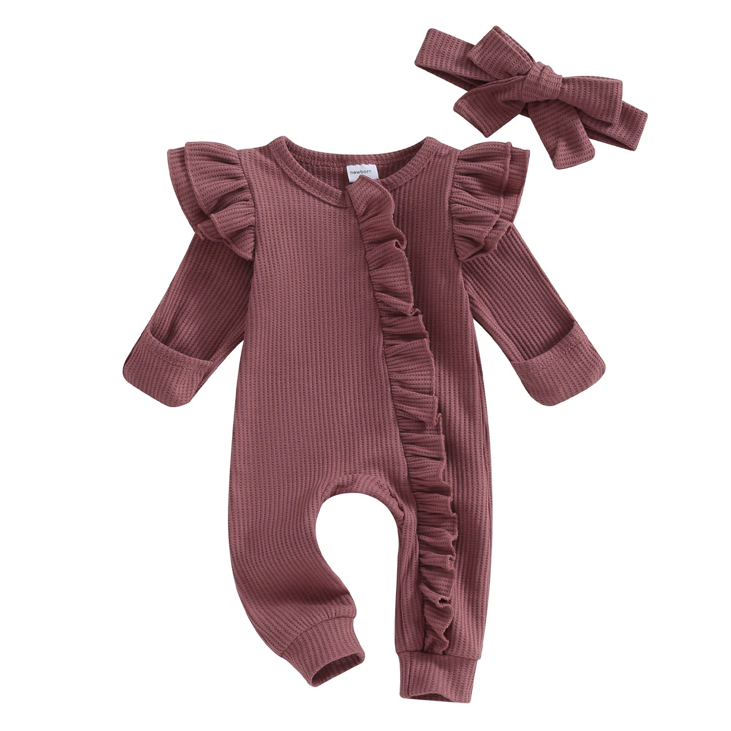 Baby Overall & Kopfband mit Rüschen im Rippstrick-Design für Mädchen