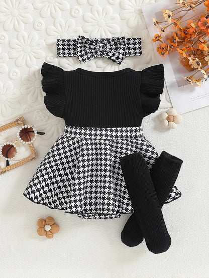 Baby-Mädchen Outfit – 3-teiliges Set mit Hahnentritt-Kleid, Stirnband & Strümpfen