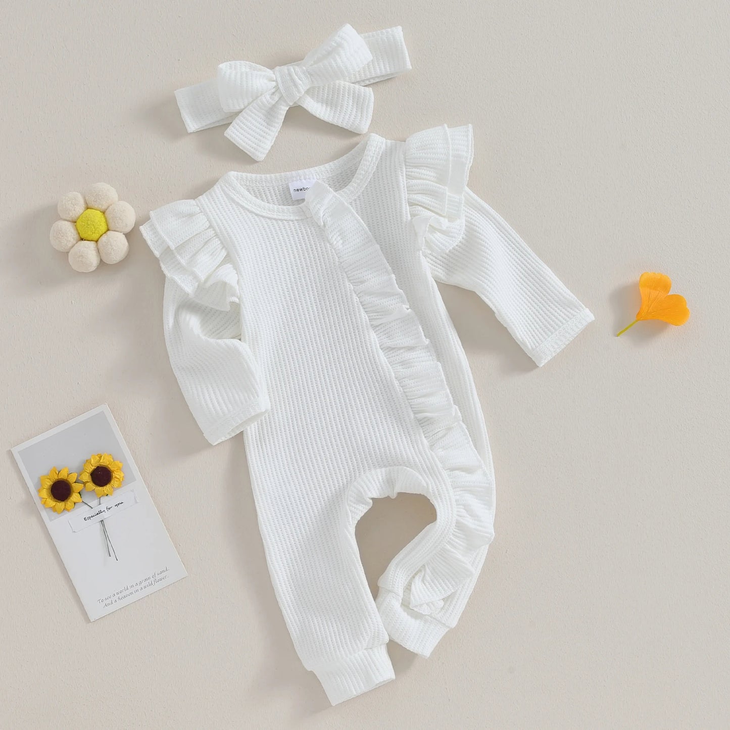 Baby Overall & Kopfband mit Rüschen im Rippstrick-Design für Mädchen