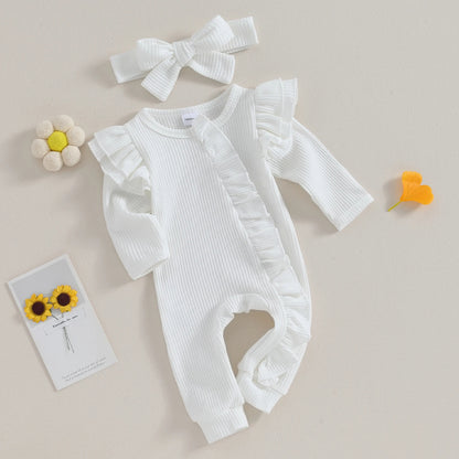 Baby Overall & Kopfband mit Rüschen im Rippstrick-Design für Mädchen