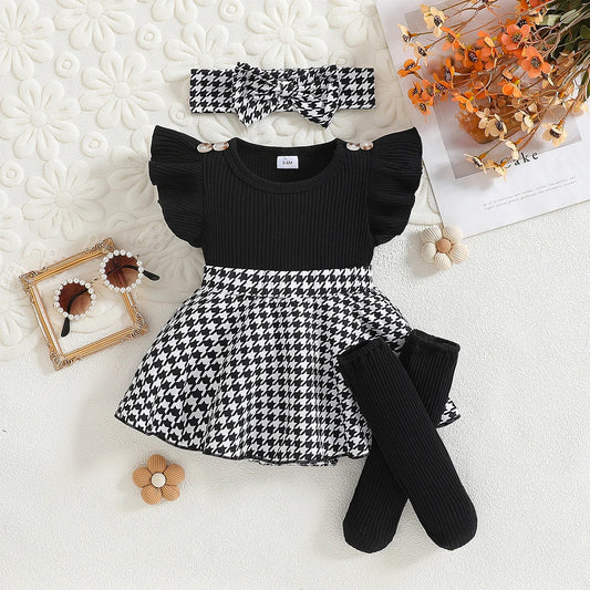 Baby-Mädchen Outfit – 3-teiliges Set mit Hahnentritt-Kleid, Stirnband & Strümpfen