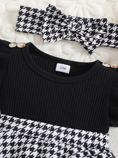 Baby-Mädchen Outfit – 3-teiliges Set mit Hahnentritt-Kleid, Stirnband & Strümpfen