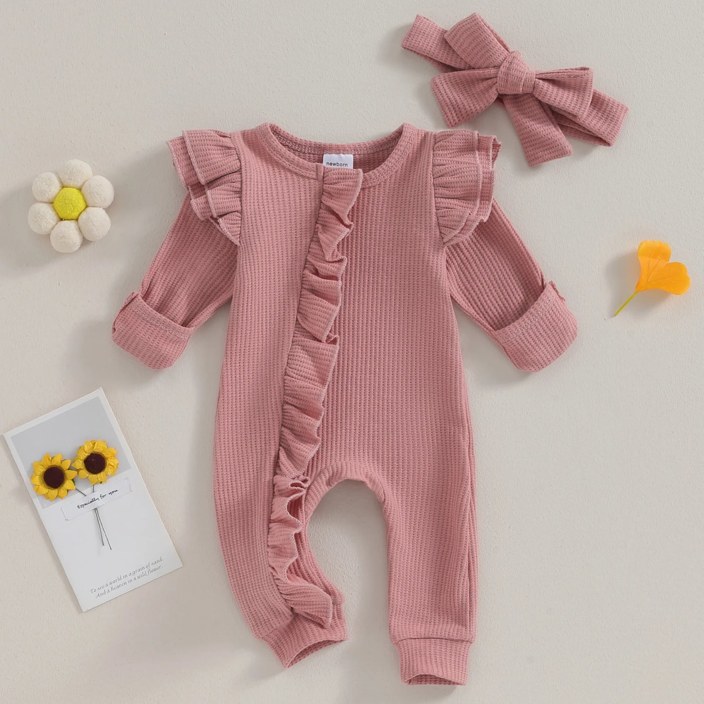 Baby Overall & Kopfband mit Rüschen im Rippstrick-Design für Mädchen