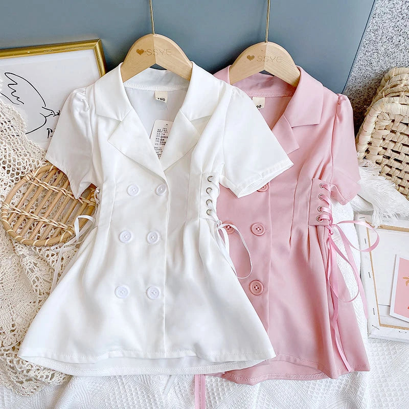 Kleid für Mädchen mit Details einfarbig | Rosa & Weiß