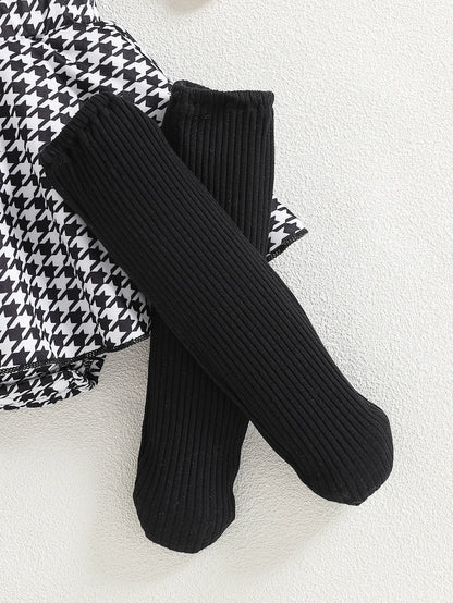 Baby-Mädchen Outfit – 3-teiliges Set mit Hahnentritt-Kleid, Stirnband & Strümpfen