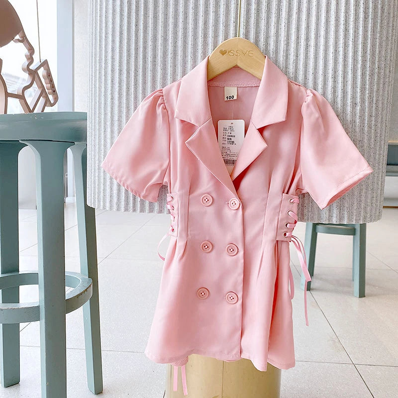 Kleid für Mädchen mit Details einfarbig | Rosa & Weiß
