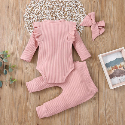 Baby Set 3-teilig | Einfarbig im Strick-Design mit Rüschen