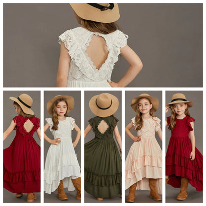 Langes Sommerkleid für Mädchen mit Spitze & Volants