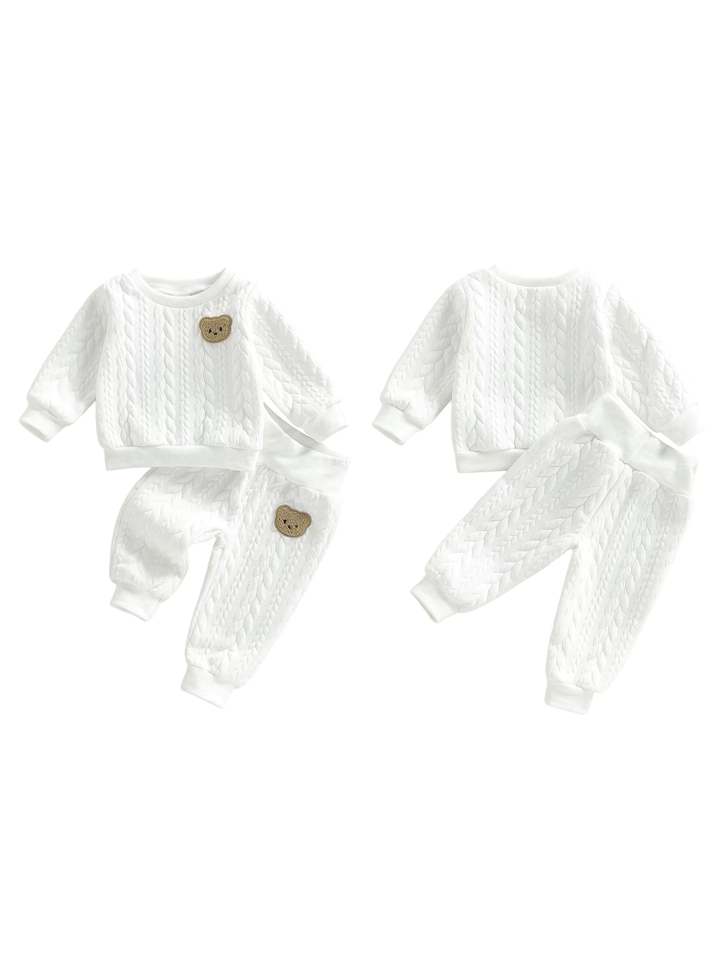 Zweiteiliges Baby-Set aus Steppstoff mit Bärenpatch – Pullover & Hose