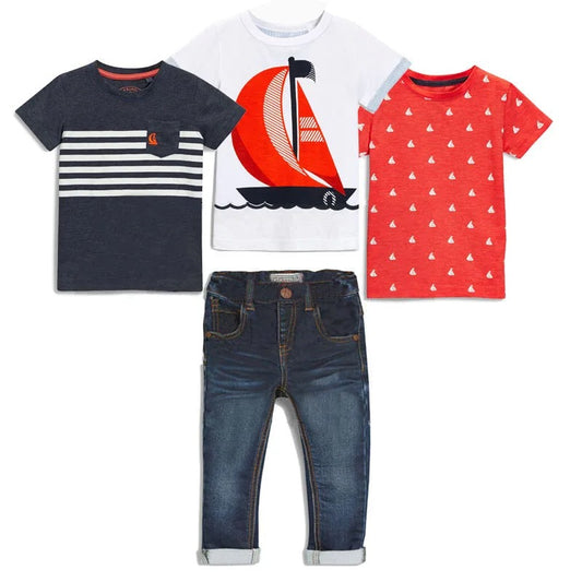 Stylisches Sommer-Paket für coole Jungs | 3 T-Shirts, 1 Hose