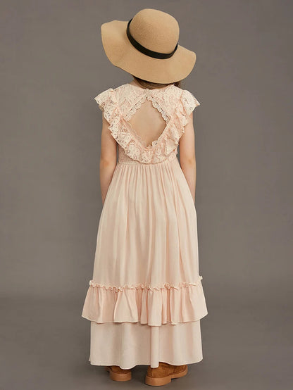Langes Sommerkleid für Mädchen mit Spitze & Volants