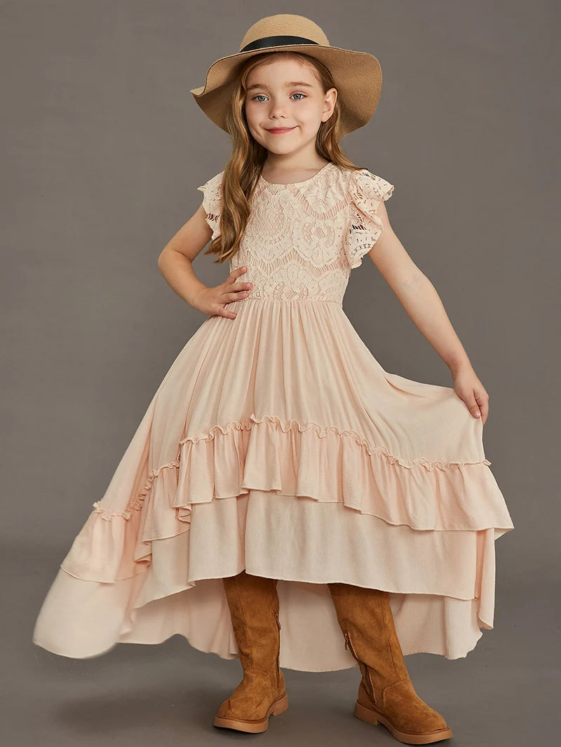 Langes Sommerkleid für Mädchen mit Spitze & Volants
