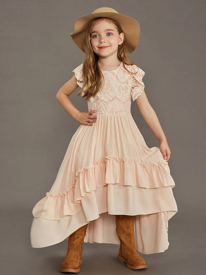 Langes Sommerkleid für Mädchen mit Spitze & Volants