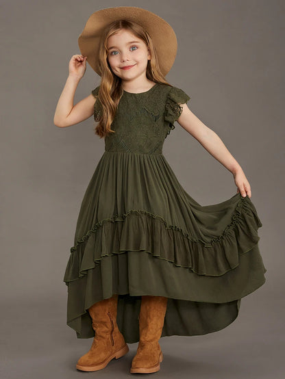 Langes Sommerkleid für Mädchen mit Spitze & Volants