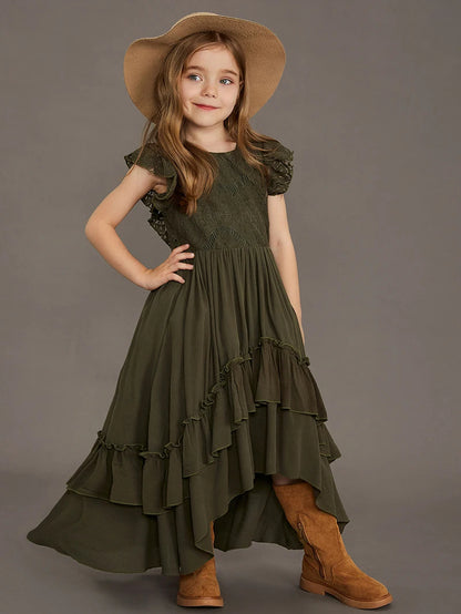 Langes Sommerkleid für Mädchen mit Spitze & Volants