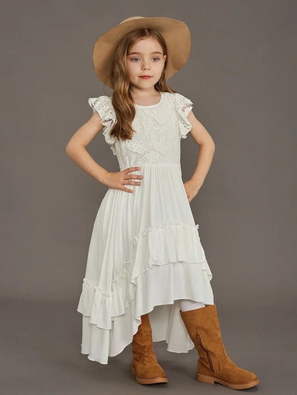 Langes Sommerkleid für Mädchen mit Spitze & Volants