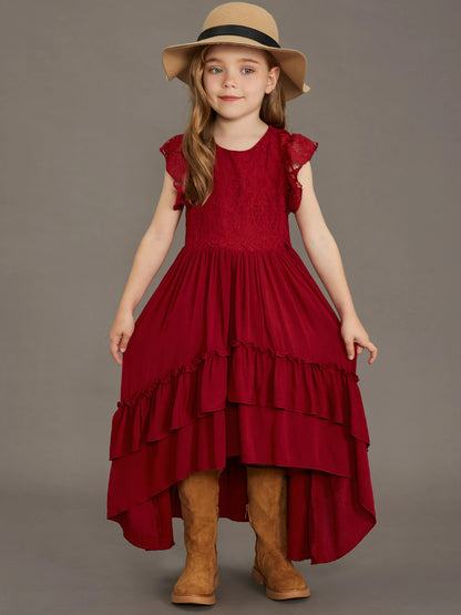 Langes Sommerkleid für Mädchen mit Spitze & Volants